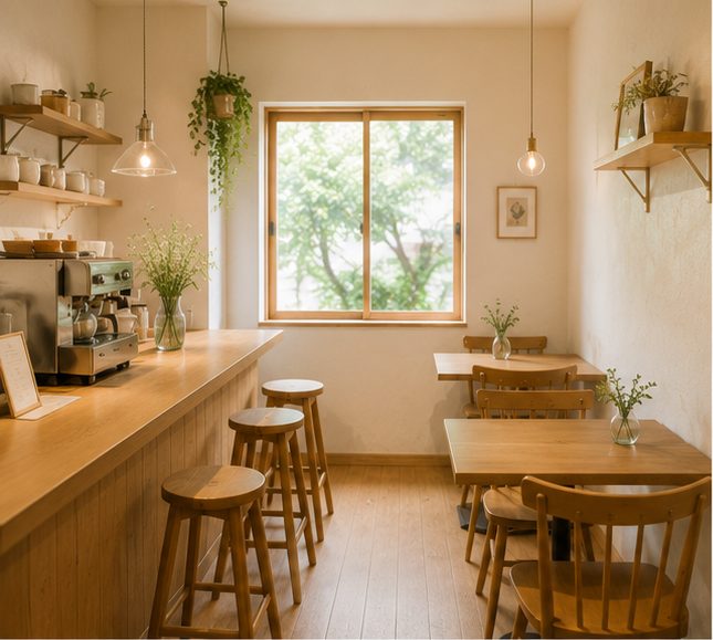 木とクリーム色でまとめた明るい店内